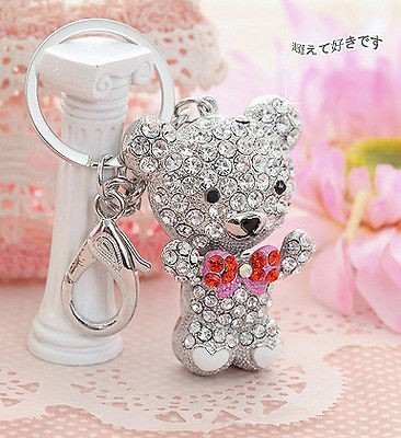 new crystal pink bow silver bear key ring bag chain