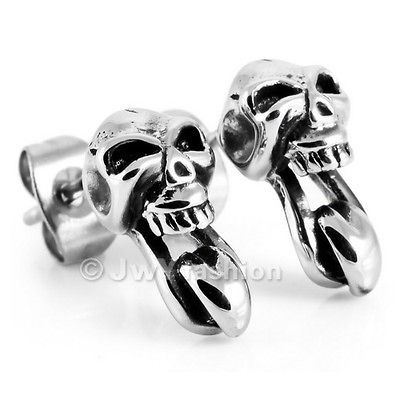 Silver Vintage Skull Tongue Stainless Steel Men Stud Earrings LP11 100