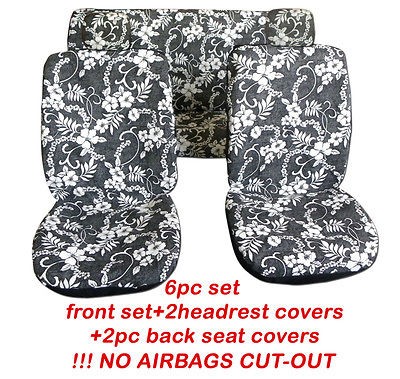 6pc set hawaiian flowers charcoal front back car seat covers