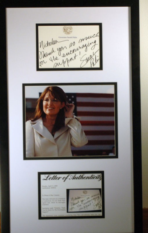 sarah palin signed autograph als letter framed psa loa time