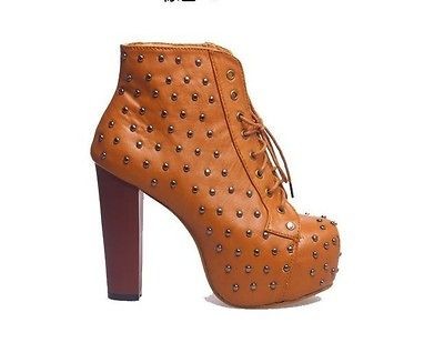 Ladies Cuban Heels High Platform Sole Lace Up Studs Punk Ankle Boots 