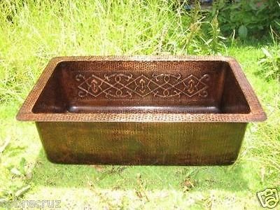 Undermount Kitchen Copper Sink w/Flower Guide Design & Dark Patina 