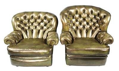 Pair of Antique Style English Buttoned Leather Wing Back Arm Chairs