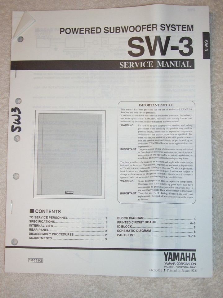 yamaha service manual sw 3 subwoofer system origina l time