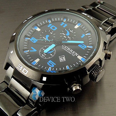   QUARTZ HOURS DATE HAND BLUE DIAL CLOCK MEN STEEL WRIST WATCH HW151