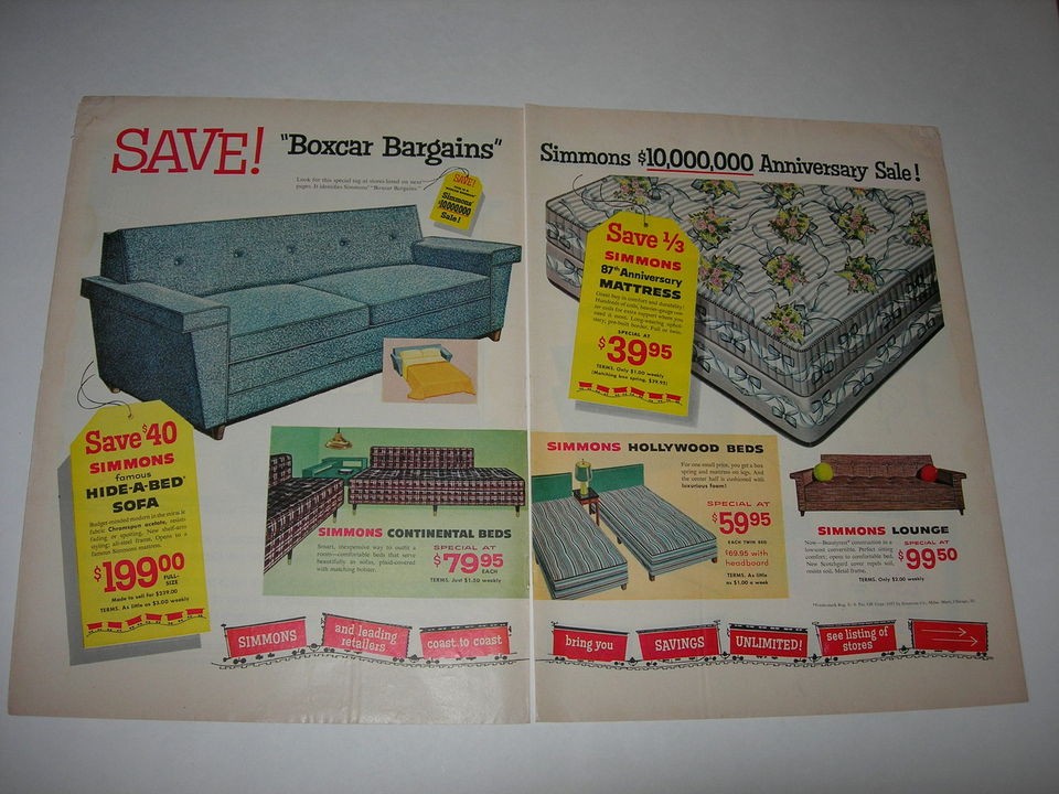 1957 SIMMONS MATTRESS HIDE A BED SOFA BEDS ORIGINAL VINTAGE 2PAGE 