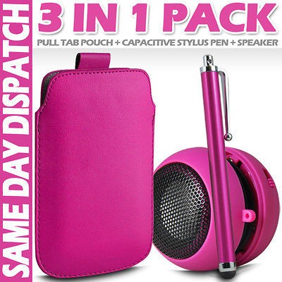 HOT PINK PULL TAB POUCH,STYLUS PEN & SPEAKER FOR HTC TOUCH DUAL