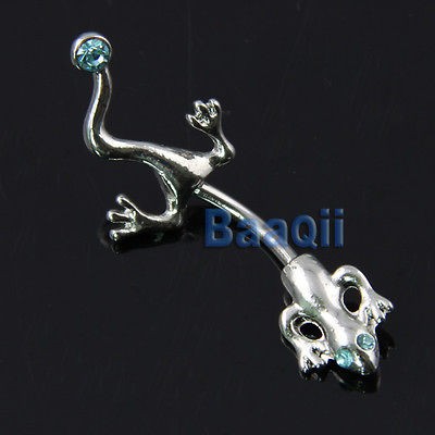   Gecko Lizard Blue Rhinestones Surgical Steel Bar Belly Navel Ring