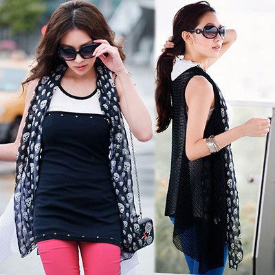 Womens Sleeveless Thin Tops Chiffon Skull Cardigan Faux Scarf Black 