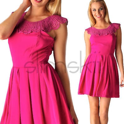 Fuchsia 2/4 Scallop illusion Lace Cape Collar Racerback Pleated A line 