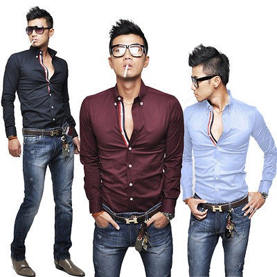   Mens Casual Slim Fitting Design Stylish Dress Long Sleeve Shirt Tops