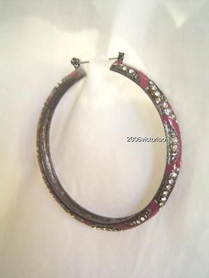 New BEBE in Gun Purple Enamel Clear Crystals Hoop Earrings