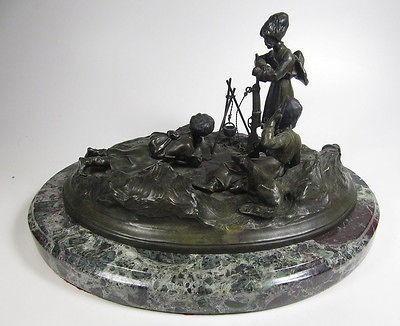 Russian Bronze Campfire Scene on Marble Base Signed Grachev