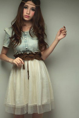 New Arrival Western Fashion Jean and Net Yarn Joint Dress With Belt