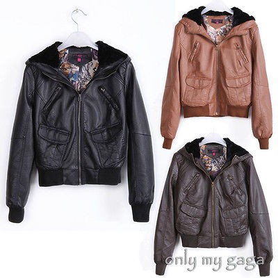 Womens PU Leather Zipper Neck Long Sleeve Vintage Jacket Outdoor Coat 