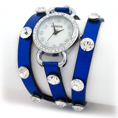 Geneva Blue Metallic Shiny WRAP Around Leather Crystal Bezel Womens 