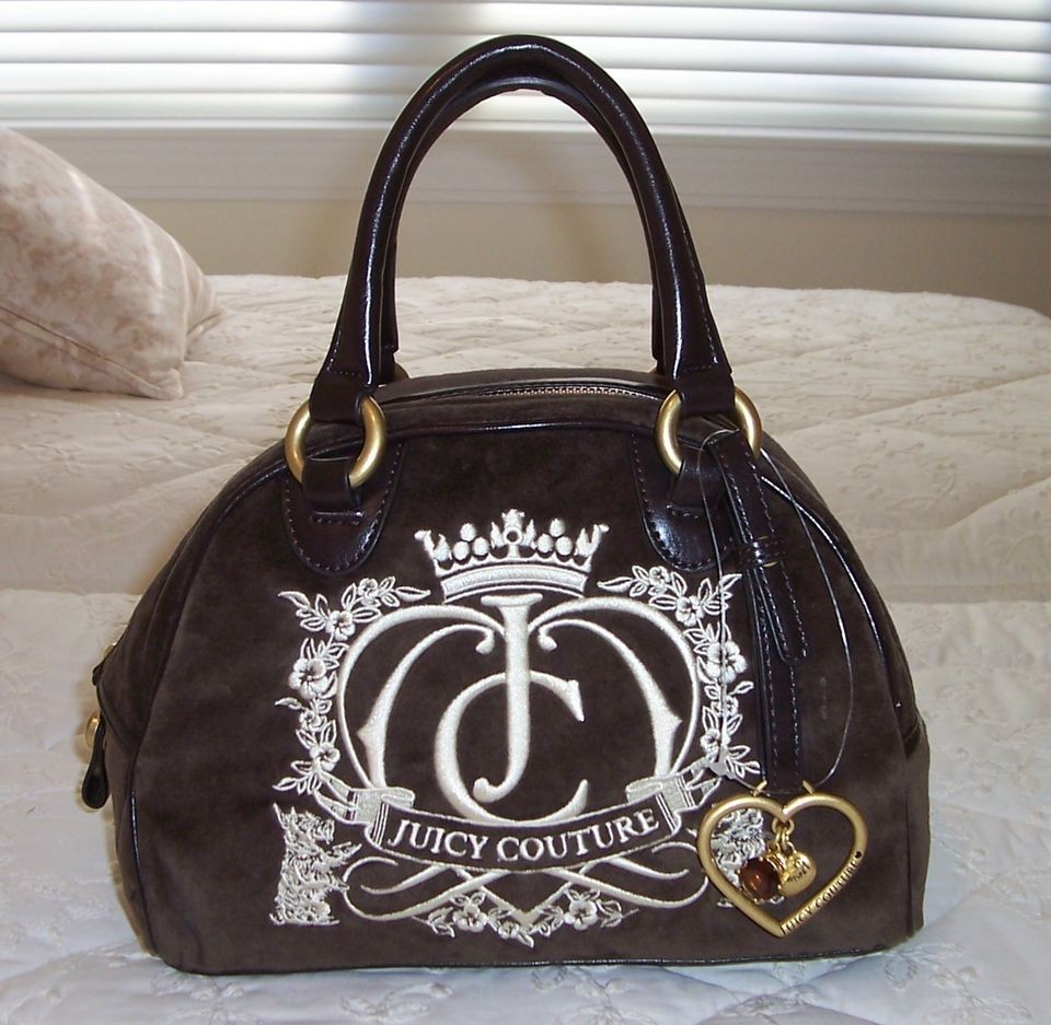 New Juicy Couture ROYAL CROWN CREST Velour Bowler Bag ESPRESSO Brown 