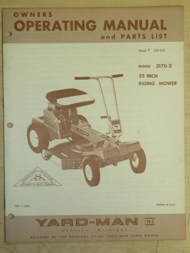 VINTAGE YARD MAN 25 RIDING MOWER OPERATING AND PARTS MANUAL MODEL 