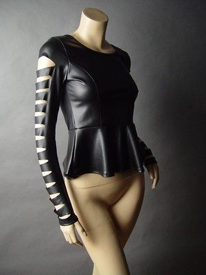   Leather Cyber Punk Goth Slit Torn Sleeve Peplum Top 02 mv Shirt S M L