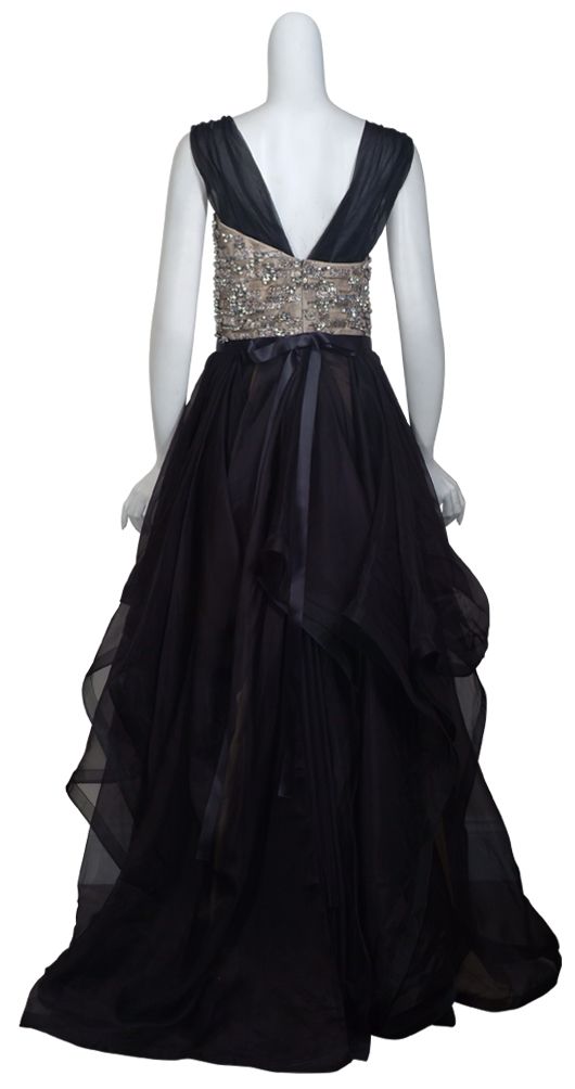 Reem Acra Dramatic Black Rhinestone Bustier Tiered Silk Gown Eve Dress 