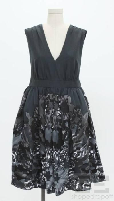 Adam Adam Lippes Black Grey Print Pleated Sleeveless V Neck Dress Size 