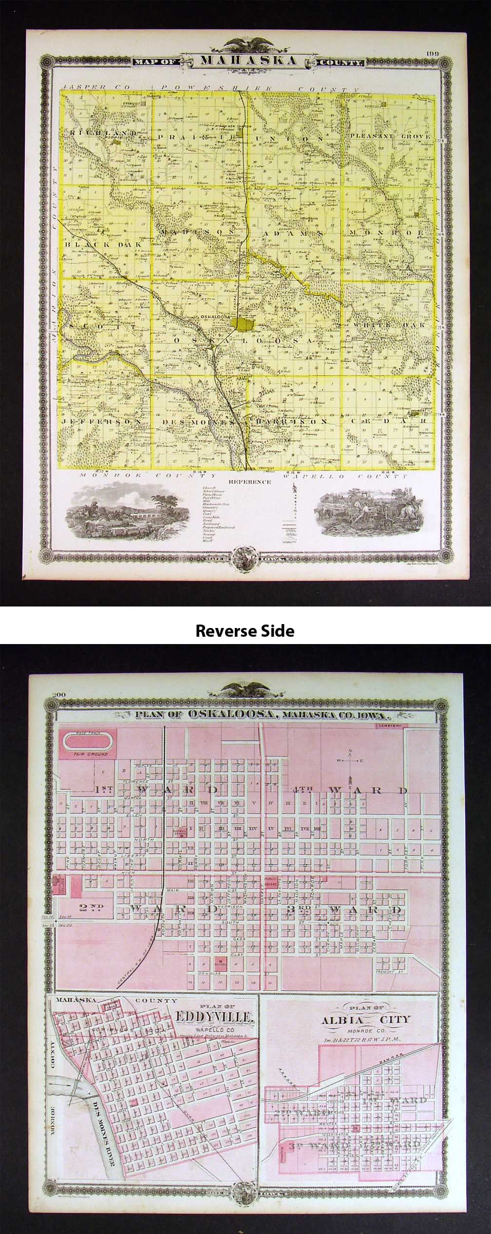 1875 Iowa Map Mahaska County Oskaloosa Eddyville Albia