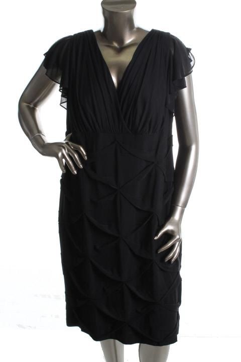 Alex Evenings New Black Chiffon Puckered V Neck Cocktail Evening Dress 