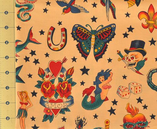 Alexander Henry Tattoo Fabric Tan by The Yard Rockabilly Psychobilly 