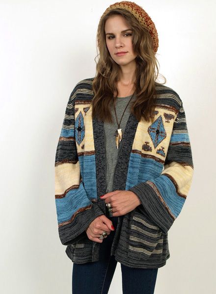 Vtg 70s Tribal Bell Sleeves Space Dyed Hippie Belted Wrap Cardigan 