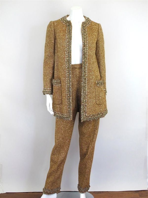 Geoffrey Beene Vintage Brown Tweed Beaded Pant Suit with Jacket 44 191 