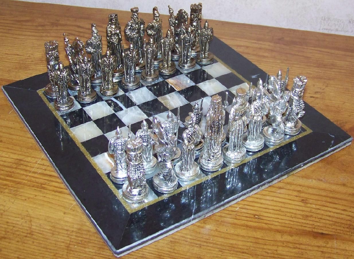 10 Square Marble Board Ancient Greek Metal Figures Chess Set