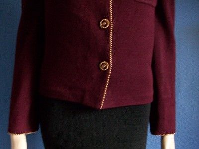 St John Santana Knit Burgandy with Gold Bead Trim Logo Buttons Jacket 