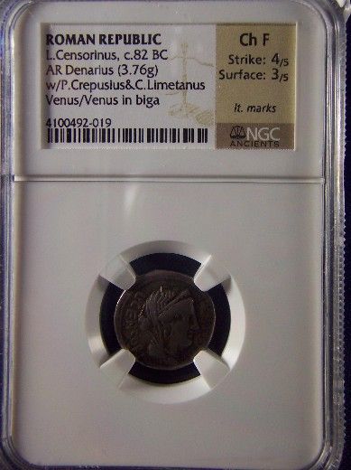 Roman Republic Censorinus Silver Denarius 82 NGC CH F