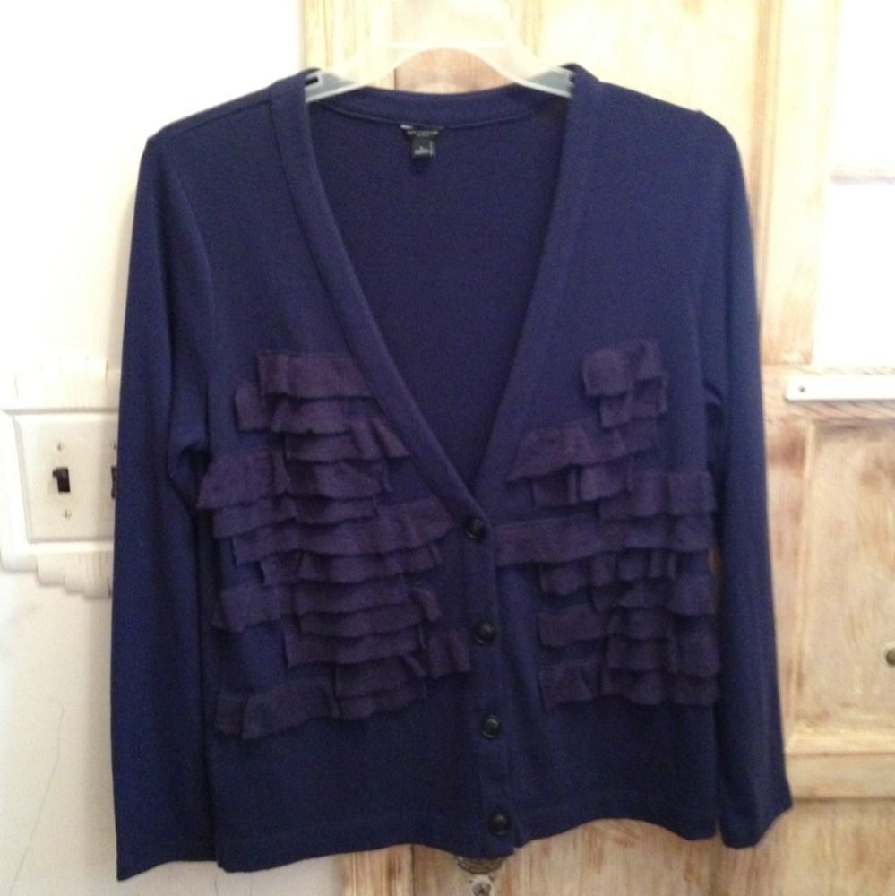 Ann Taylor Navy Blue Ruffle Front Cardigan Size L