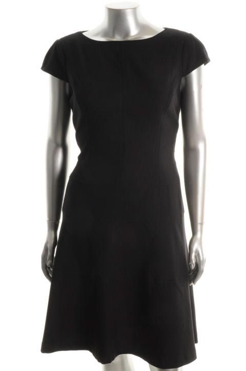 Anne Klein Black Cap Sleeves Knee Length Boat Neck Wear to Work Dress 