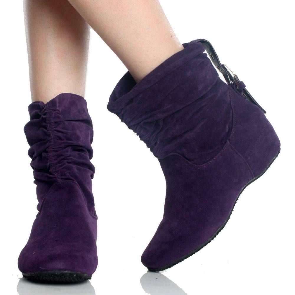 Purple Ankle Boots Winter Slouch Slip on Faux Suede Cute Womens Heels 