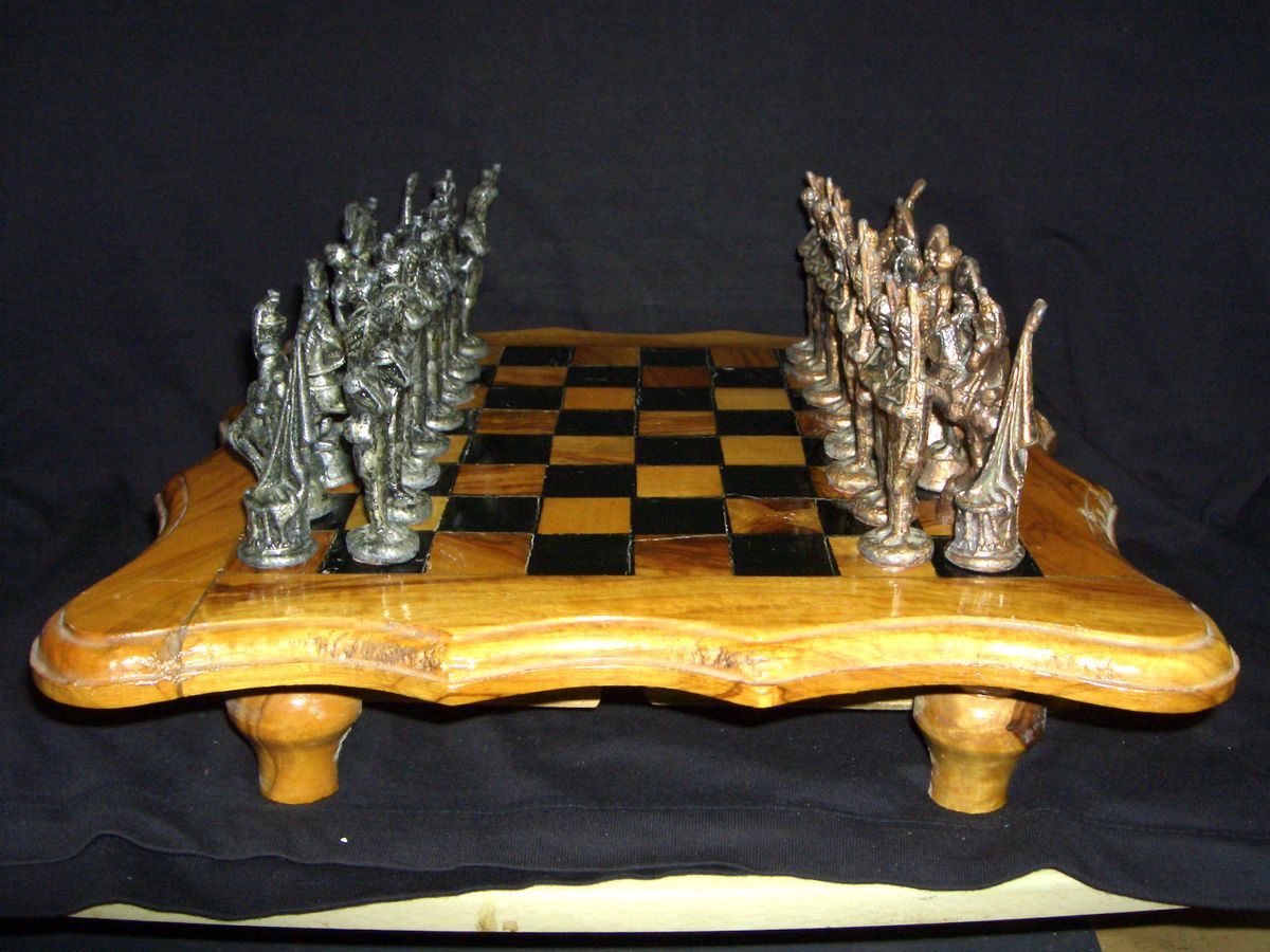   Antique Style Hand Carved Walnut Wood Metal Napoleon Figures Chess Set