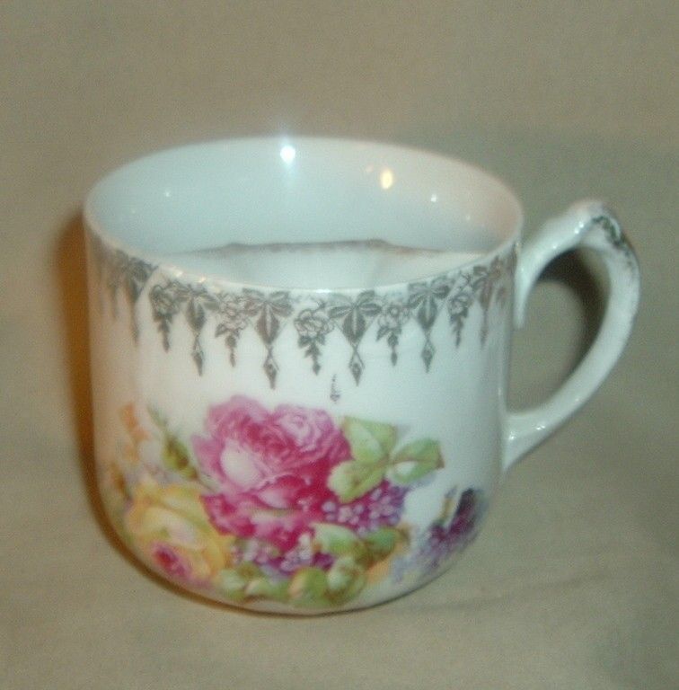 Wonderful Antique Vintage China Mustache Cup Gilt Edging Roses Free 