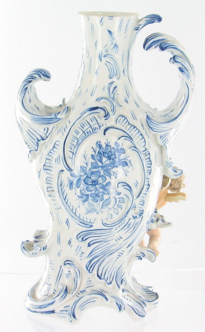 Antique Dresden Blue Flower Putti Cherub Angels Scalloped Vase 