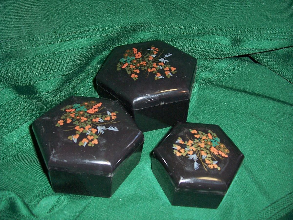 Vintage Nesting Jewelry Black Plastic Boxes Hong Kong