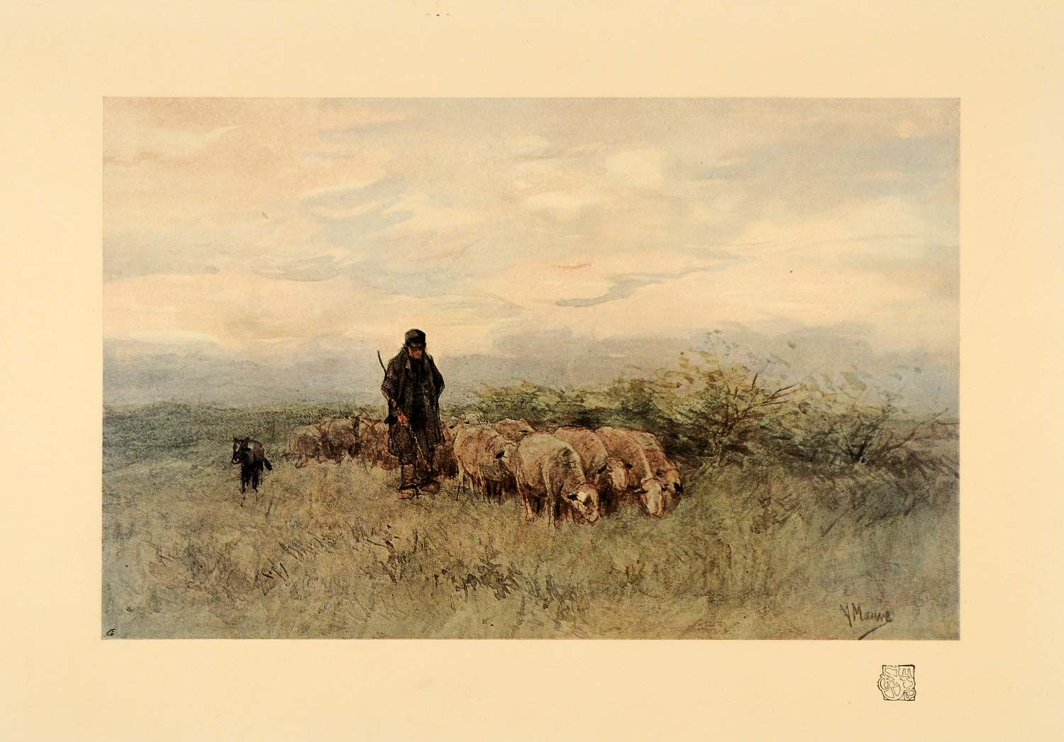   Print Shepherd Flock Watercolor Mauve Van Gogh Art Original