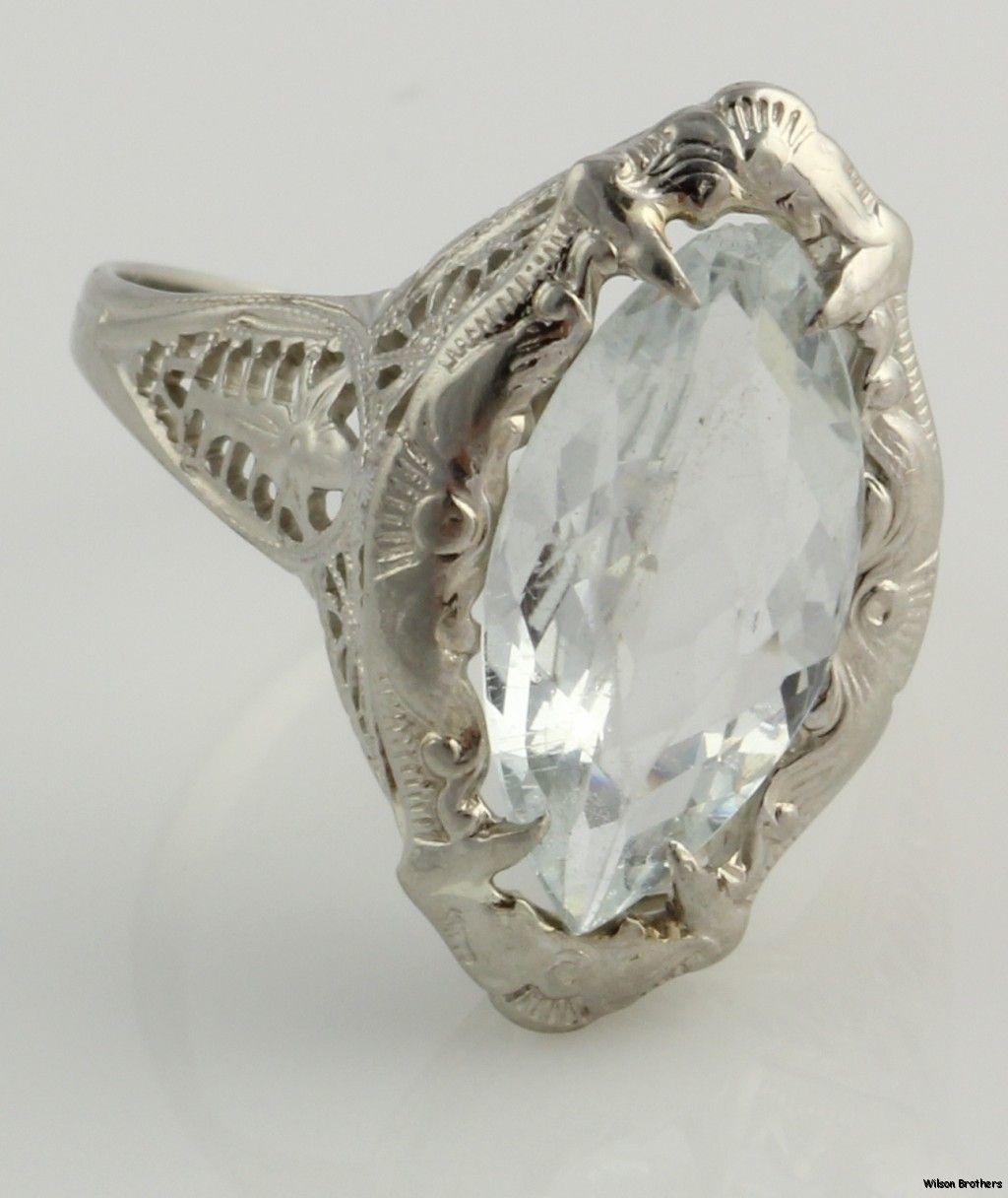 59ct Aquamarine Filligree Vintage Ring 14k White Gold Marquise Cut 