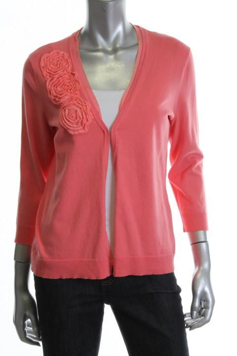 Anne Klein Pink 3 4 Sleeves V Neck Hook Front Cardigan Top Sweater M 