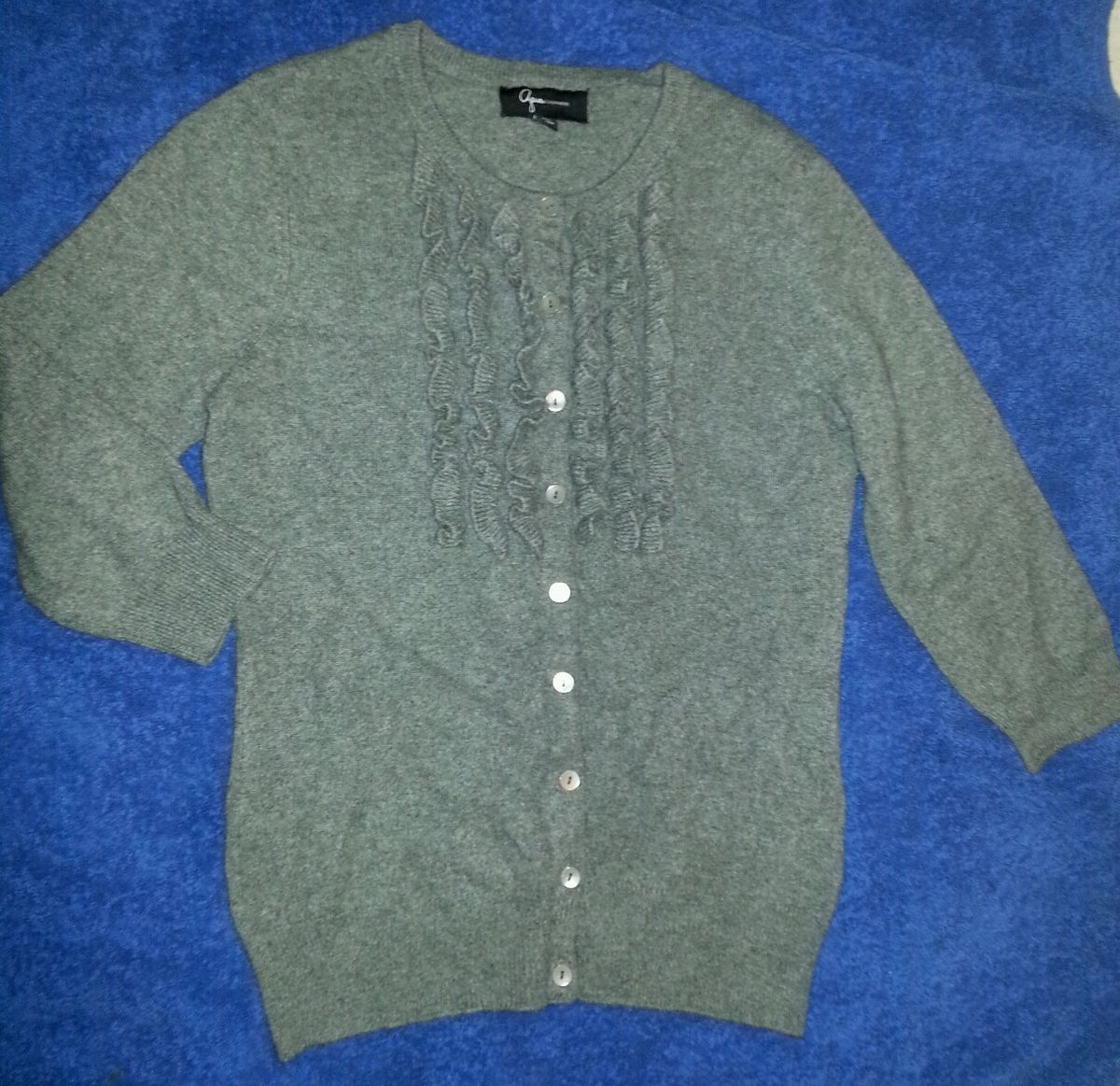 BEAUTIFUL AQUA CASHMERE GRAY RUFFLED BUTTON DOWN CARDIGAN SWEATER XS 