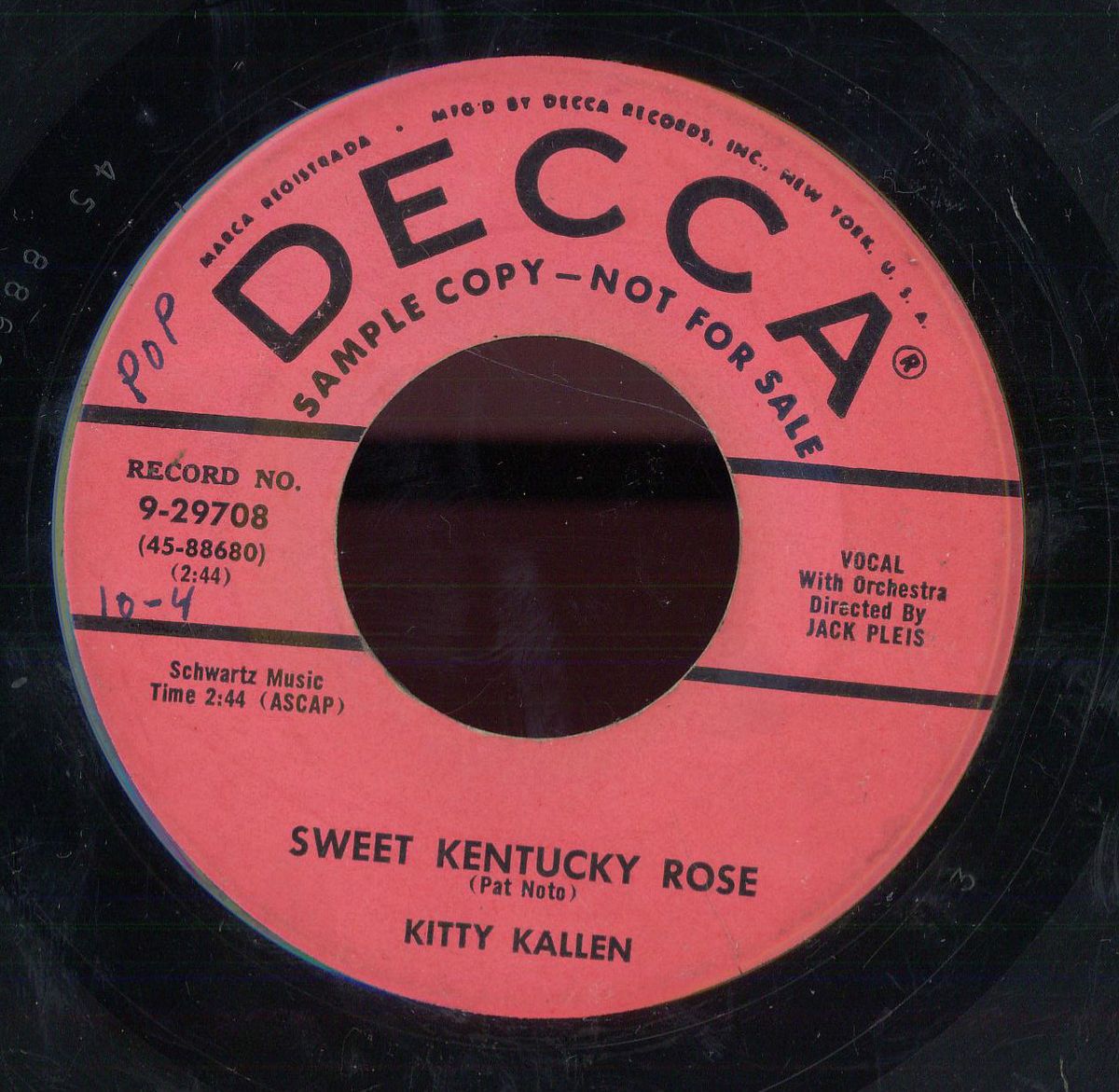 DECCA RECORDS   KITTY KALLEN   SWEET KENTUCK ROSE / HOW LONELY 