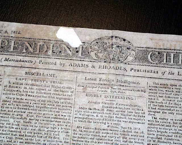   WATERLOO Napoleon Bonaparte Wellesley Duke Wellington 1815 Newspaper