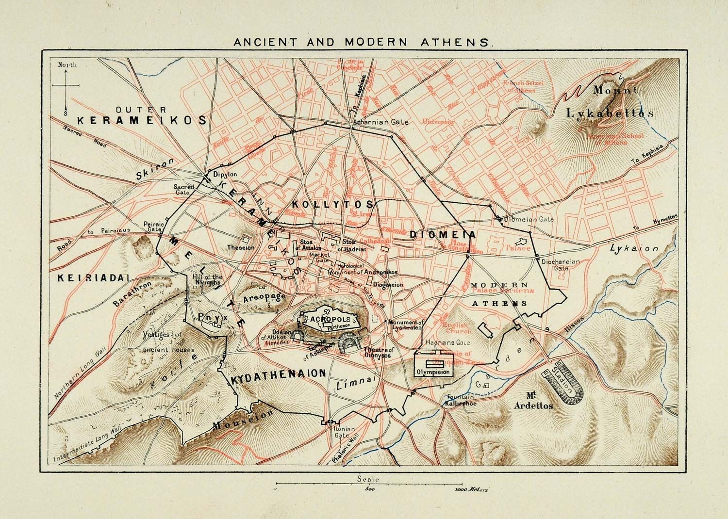 1890 Lithograph Athens Ancient Map Kollytos Acropolis Stadium Lykaion 