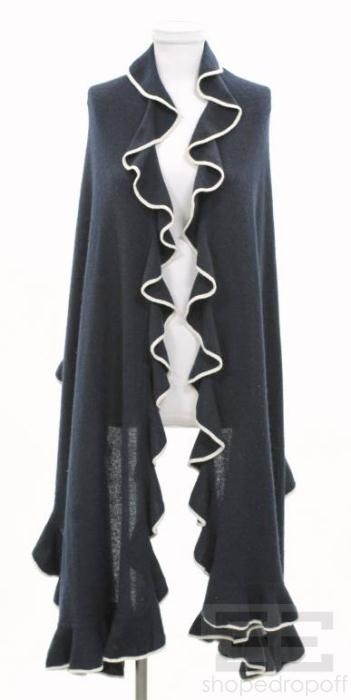 Autumn Cashmere Navy Cream Ruffle Trim Cashmere Scarf Set