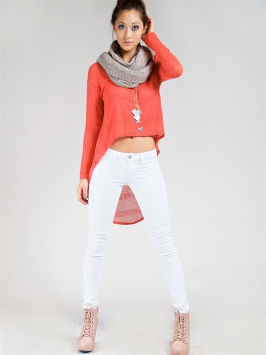 New Audrey Women Fashion Long Sleeve High Low Hem Sweater Top Red 