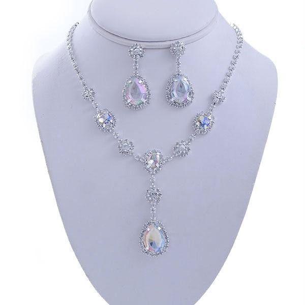   Aurora Borealis AB Bridal Drop Bib Rhinestone Necklace Set